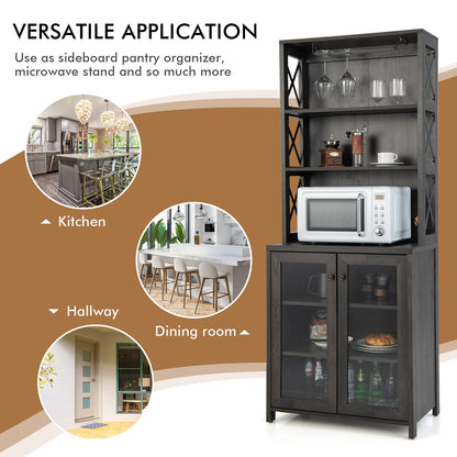 Freestanding Tall Buffet Hutch with Adjustable Shelves and Built-In Glass Rack