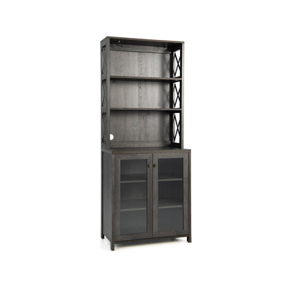 Freestanding Tall Buffet Hutch with Adjustable Shelves and Built-In Glass Rack