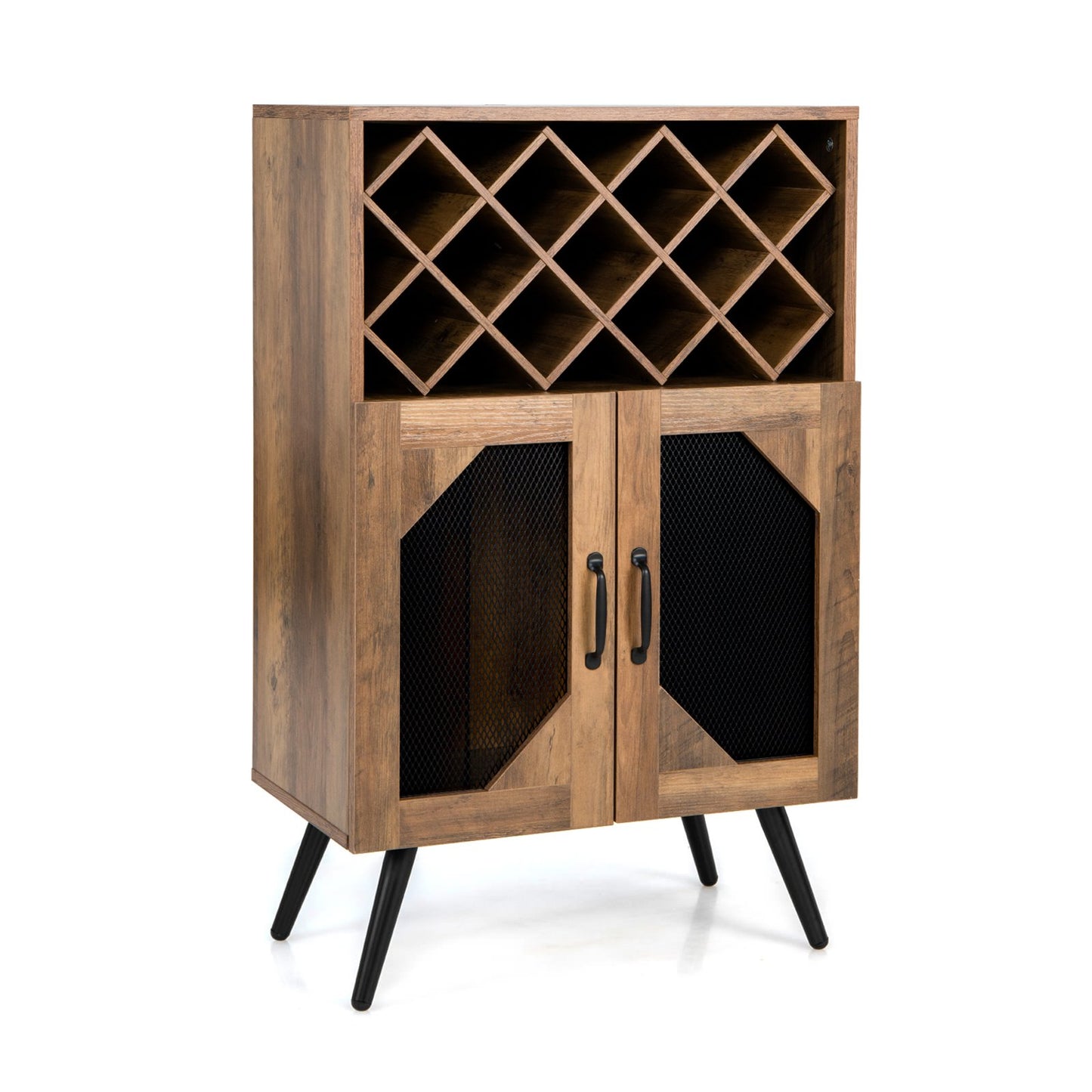 Rustic Farmhouse Kitchen Bar Cabinet with 2 Doors, Wine Rack, and Glass Holder