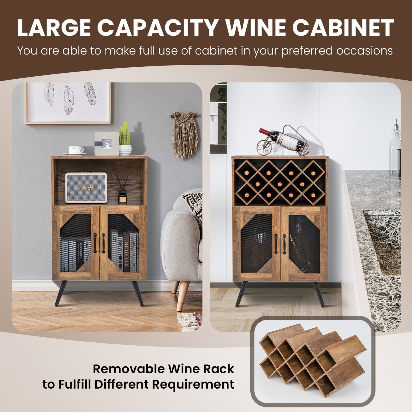 Rustic Farmhouse Kitchen Bar Cabinet with 2 Doors, Wine Rack, and Glass Holder