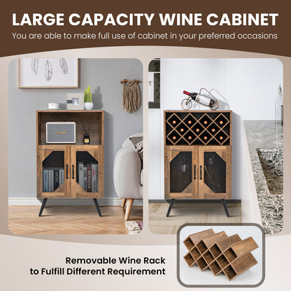 Rustic Farmhouse Kitchen Bar Cabinet with 2 Doors, Wine Rack, and Glass Holder