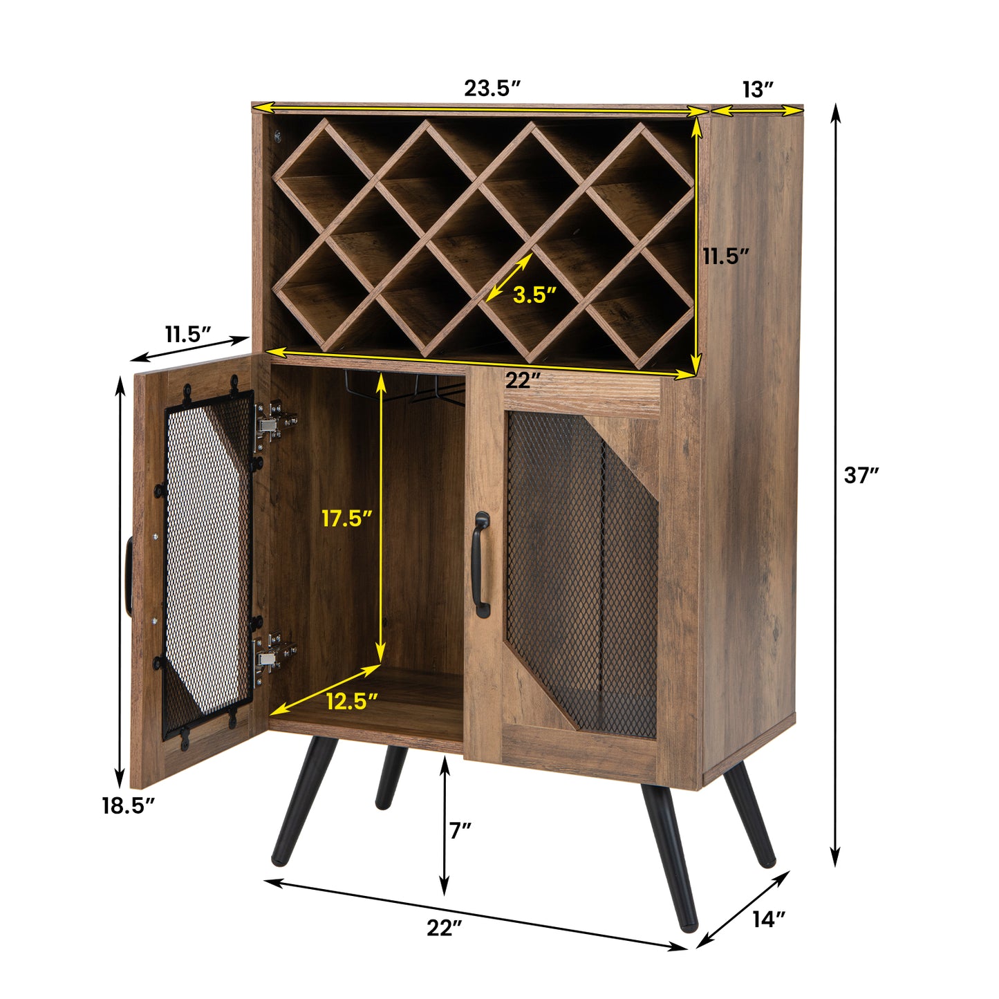 Rustic Farmhouse Kitchen Bar Cabinet with 2 Doors, Wine Rack, and Glass Holder