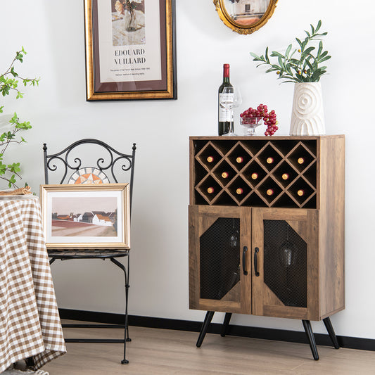 Rustic Farmhouse Kitchen Bar Cabinet with 2 Doors, Wine Rack, and Glass Holder