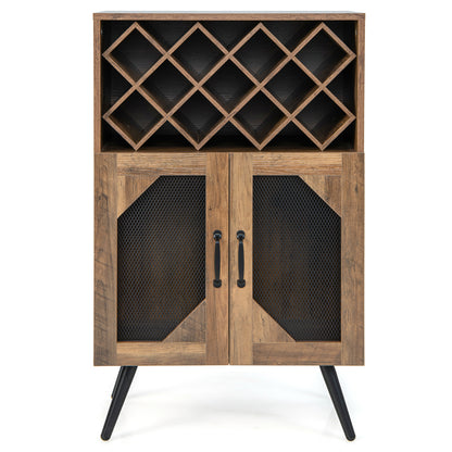 Rustic Farmhouse Kitchen Bar Cabinet with 2 Doors, Wine Rack, and Glass Holder