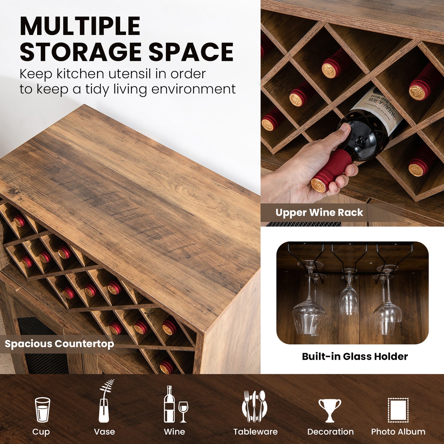 Rustic Farmhouse Kitchen Bar Cabinet with 2 Doors, Wine Rack, and Glass Holder
