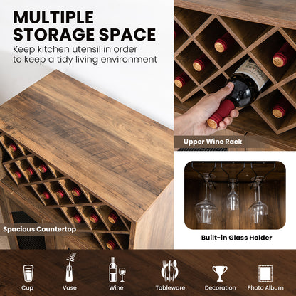 Rustic Farmhouse Kitchen Bar Cabinet with 2 Doors, Wine Rack, and Glass Holder