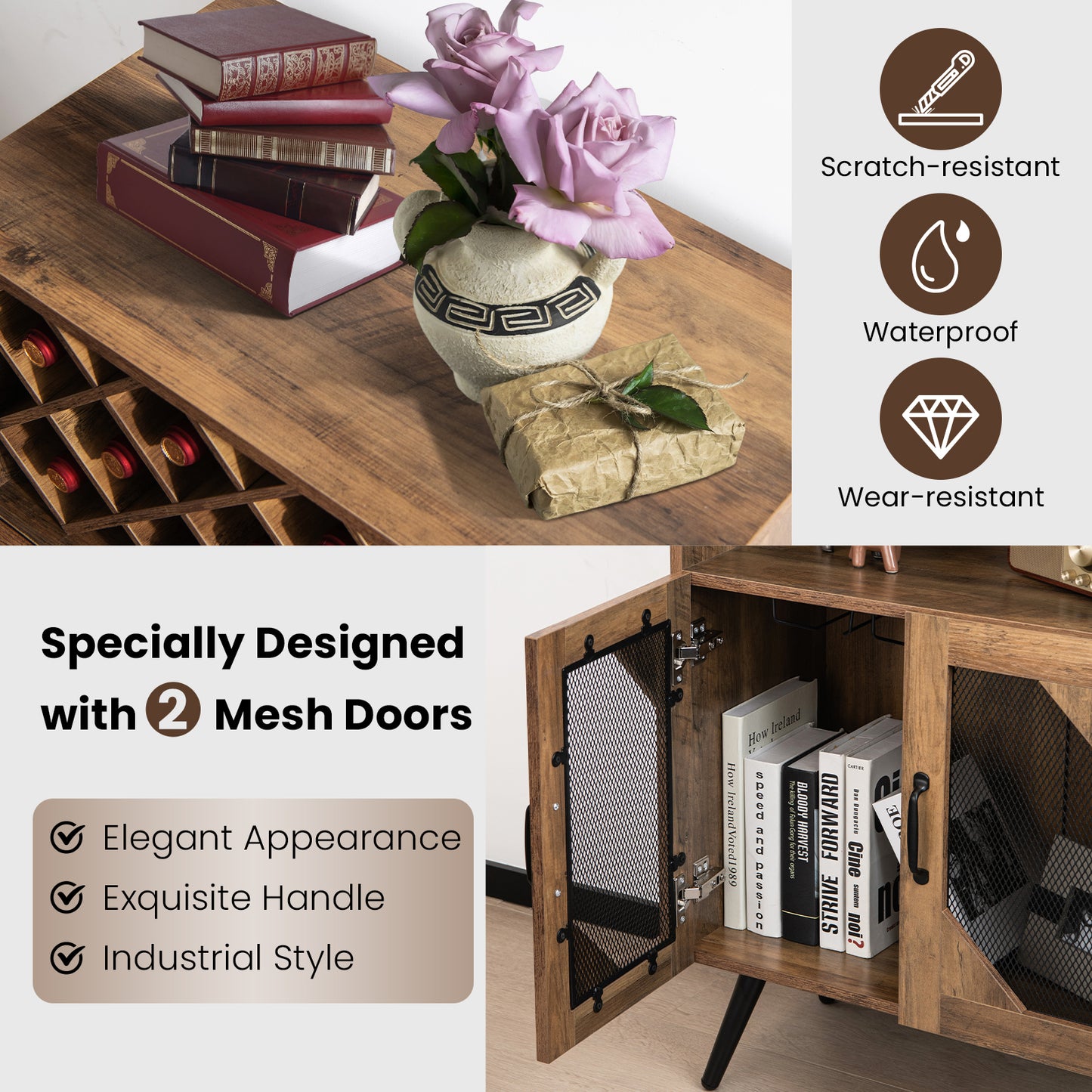 Rustic Farmhouse Kitchen Bar Cabinet with 2 Doors, Wine Rack, and Glass Holder