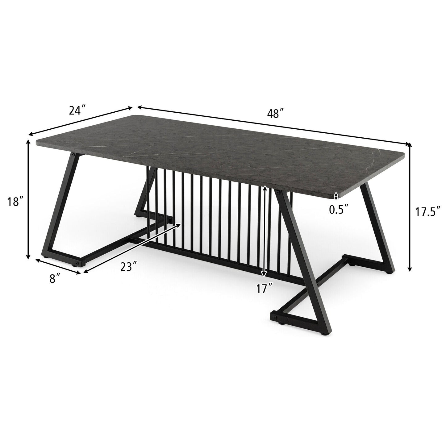 Modern Rectangle Coffee Table with Black Steel Frame and Faux Marble Top 48 Inch