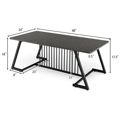Modern Rectangle Coffee Table with Black Steel Frame and Faux Marble Top 48 Inch