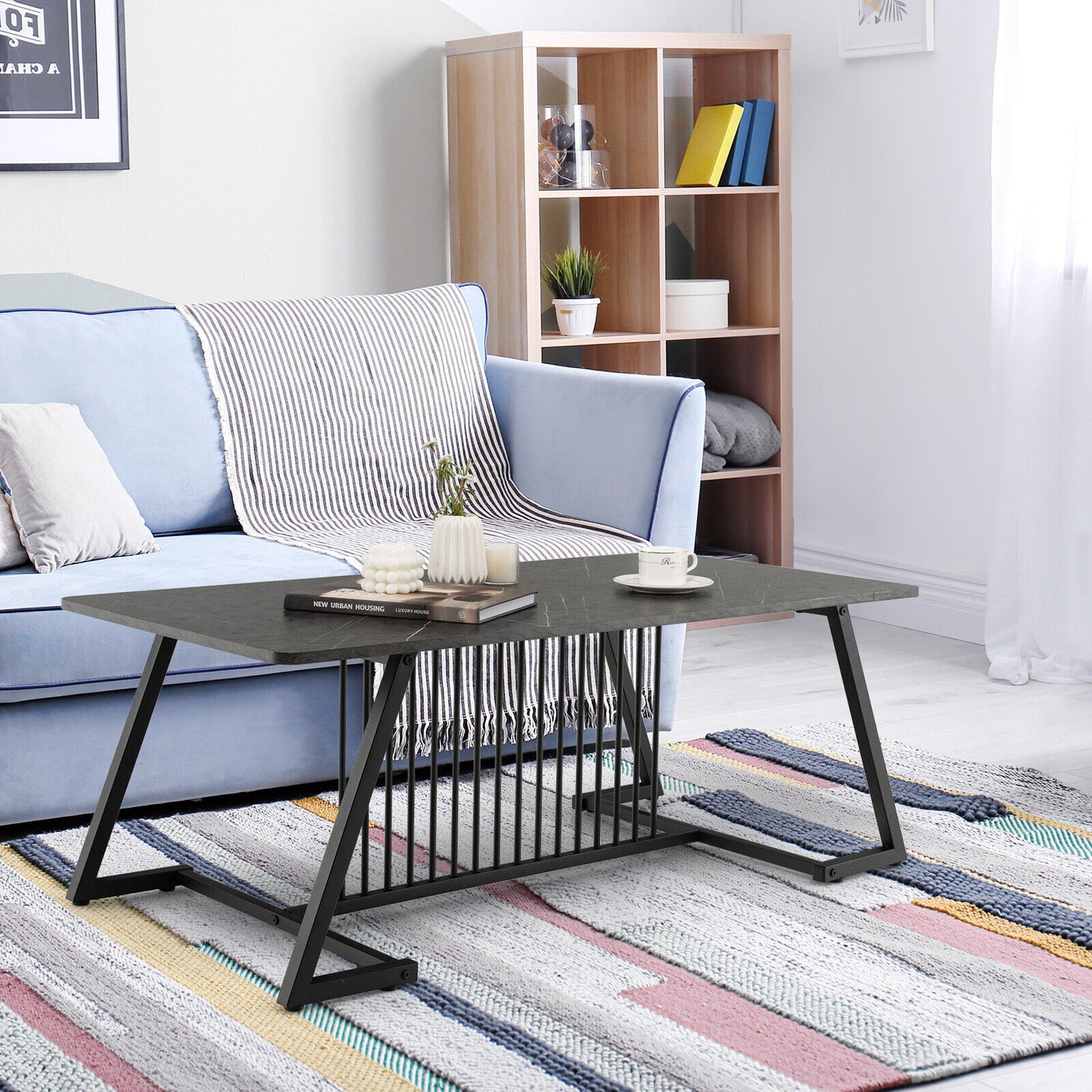 Modern Rectangle Coffee Table with Black Steel Frame and Faux Marble Top 48 Inch
