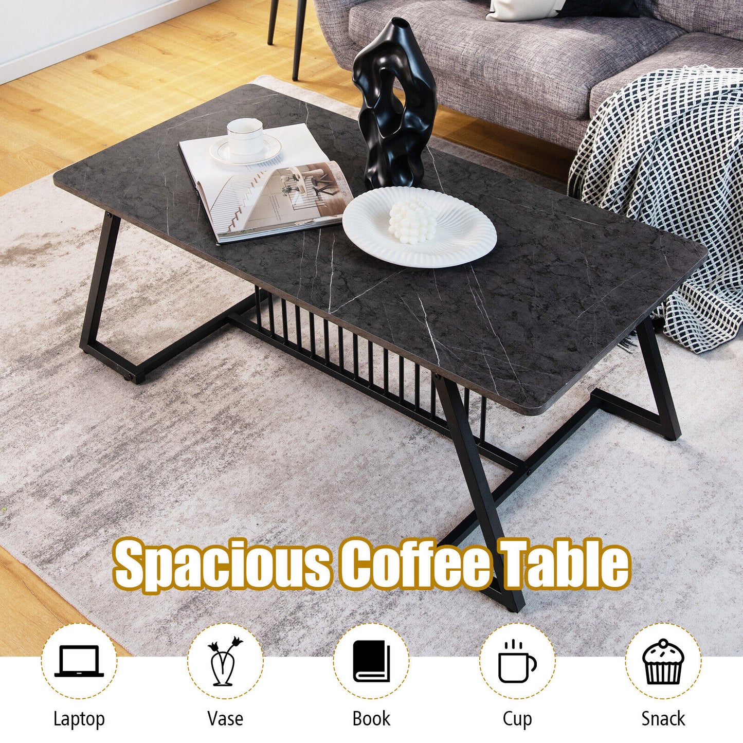 Modern Rectangle Coffee Table with Black Steel Frame and Faux Marble Top 48 Inch