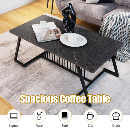 Modern Rectangle Coffee Table with Black Steel Frame and Faux Marble Top 48 Inch