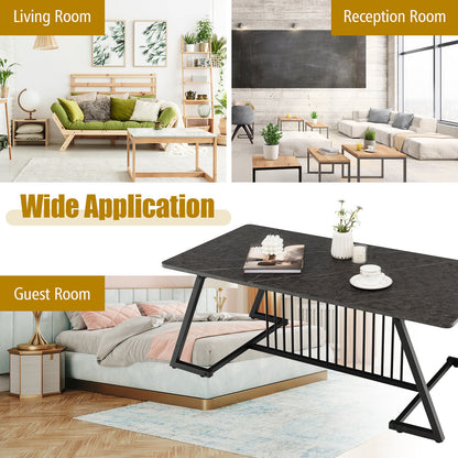 Modern Rectangle Coffee Table with Black Steel Frame and Faux Marble Top 48 Inch