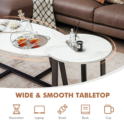 Faux Marble Nesting Coffee Tables Set of 2 with Oval and Round Tabletops