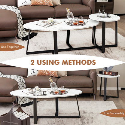 Faux Marble Nesting Coffee Tables Set of 2 with Oval and Round Tabletops