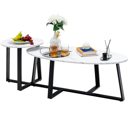 Faux Marble Nesting Coffee Tables Set of 2 with Oval and Round Tabletops
