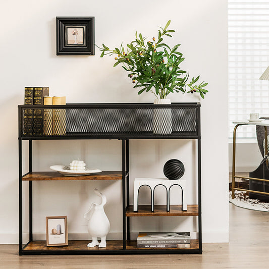 Rustic Wood and Metal Console Table with Wire Basket and Open Shelves