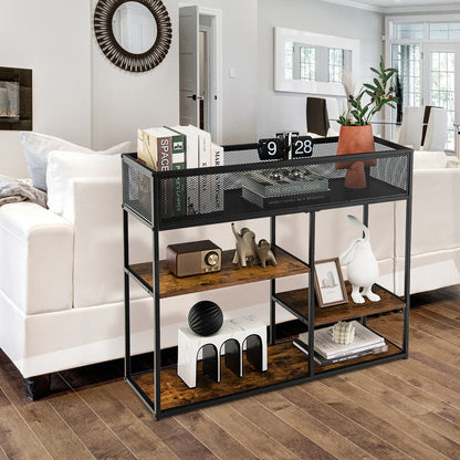 Rustic Wood and Metal Console Table with Wire Basket and Open Shelves