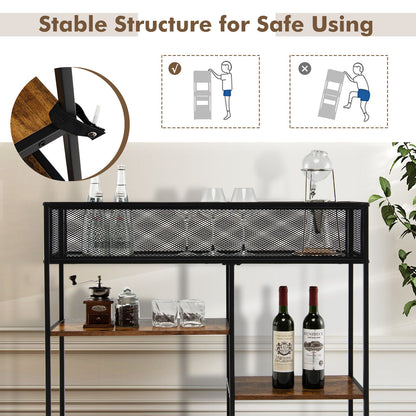 Rustic Wood and Metal Console Table with Wire Basket and Open Shelves