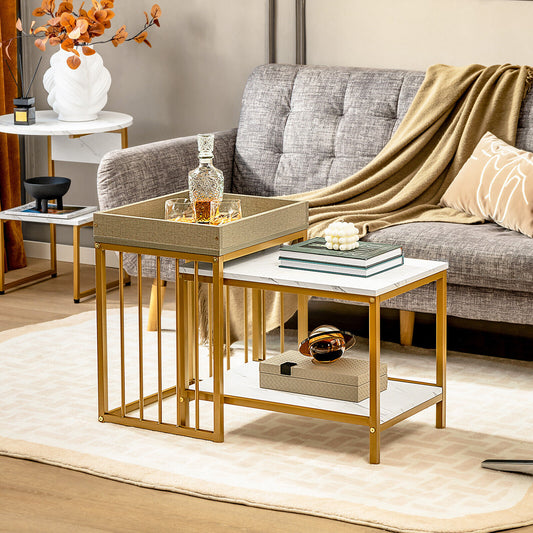 Modern 2-Piece Nesting Coffee Table Set with Faux Marble and Tray Top