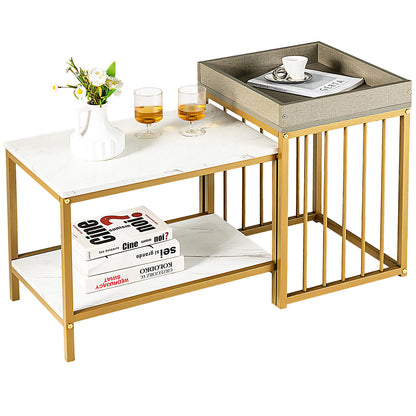 Modern 2-Piece Nesting Coffee Table Set with Faux Marble and Tray Top