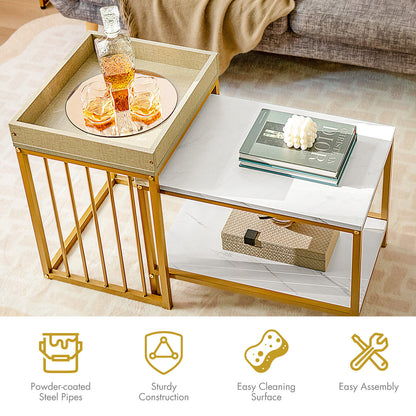Modern 2-Piece Nesting Coffee Table Set with Faux Marble and Tray Top