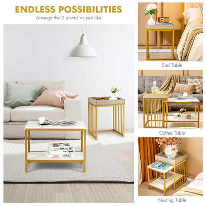 Modern 2-Piece Nesting Coffee Table Set with Faux Marble and Tray Top