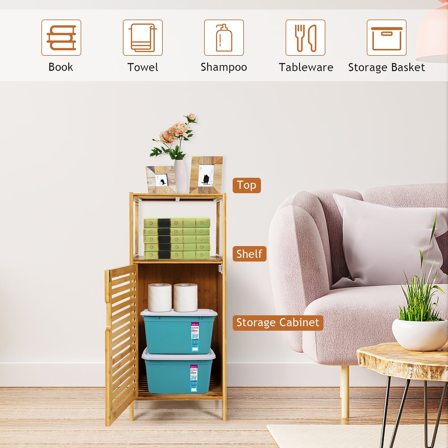 Compact Bamboo Bathroom Storage Cabinet with Shelves and Door