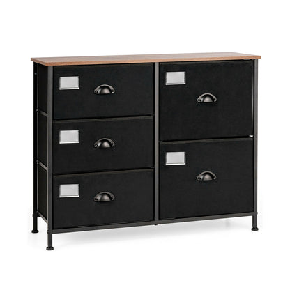 Modern 5-Drawer Storage Dresser with Fabric Bins and Metal Frame – Black Organizer Cabinet