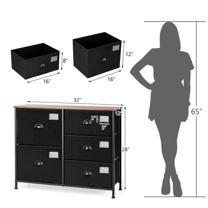 Modern 5-Drawer Storage Dresser with Fabric Bins and Metal Frame – Black Organizer Cabinet