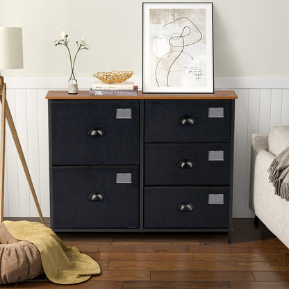 Modern 5-Drawer Storage Dresser with Fabric Bins and Metal Frame – Black Organizer Cabinet