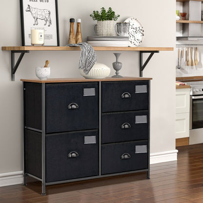 Modern 5-Drawer Storage Dresser with Fabric Bins and Metal Frame – Black Organizer Cabinet