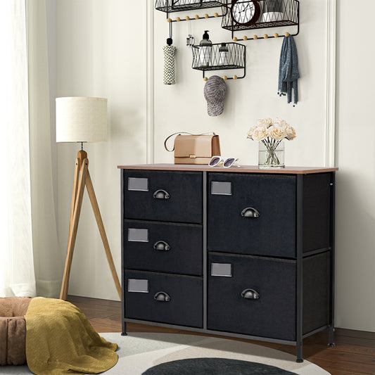Modern 5-Drawer Storage Dresser with Fabric Bins and Metal Frame – Black Organizer Cabinet