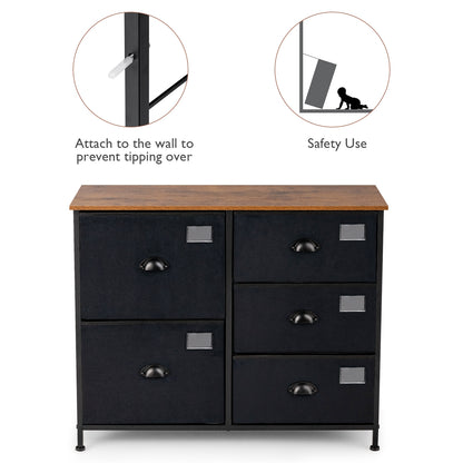Modern 5-Drawer Storage Dresser with Fabric Bins and Metal Frame – Black Organizer Cabinet