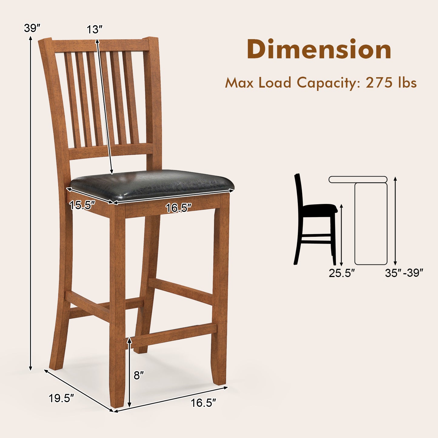 Counter Height Bar Chair Set of 2 with Comfortable Backrest and Footrest