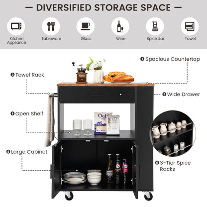 Multi Shelf Kitchen Island Cart with Drawer Storage Cabinet and Spice Racks - Black