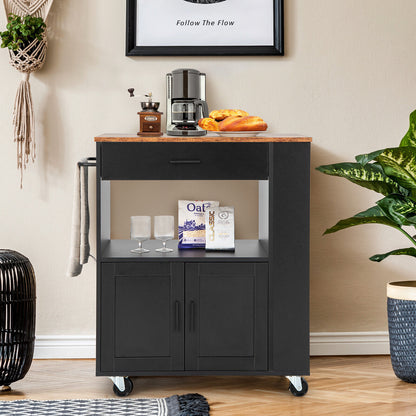 Multi Shelf Kitchen Island Cart with Drawer Storage Cabinet and Spice Racks - Black