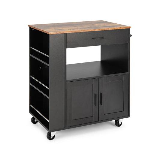 Multi Shelf Kitchen Island Cart with Drawer Storage Cabinet and Spice Racks - Black