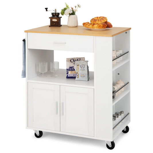Multi Shelf Kitchen Island Cart with Drawer Storage Cabinet and Spice Racks - White