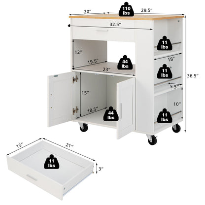 Multi Shelf Kitchen Island Cart with Drawer Storage Cabinet and Spice Racks - White