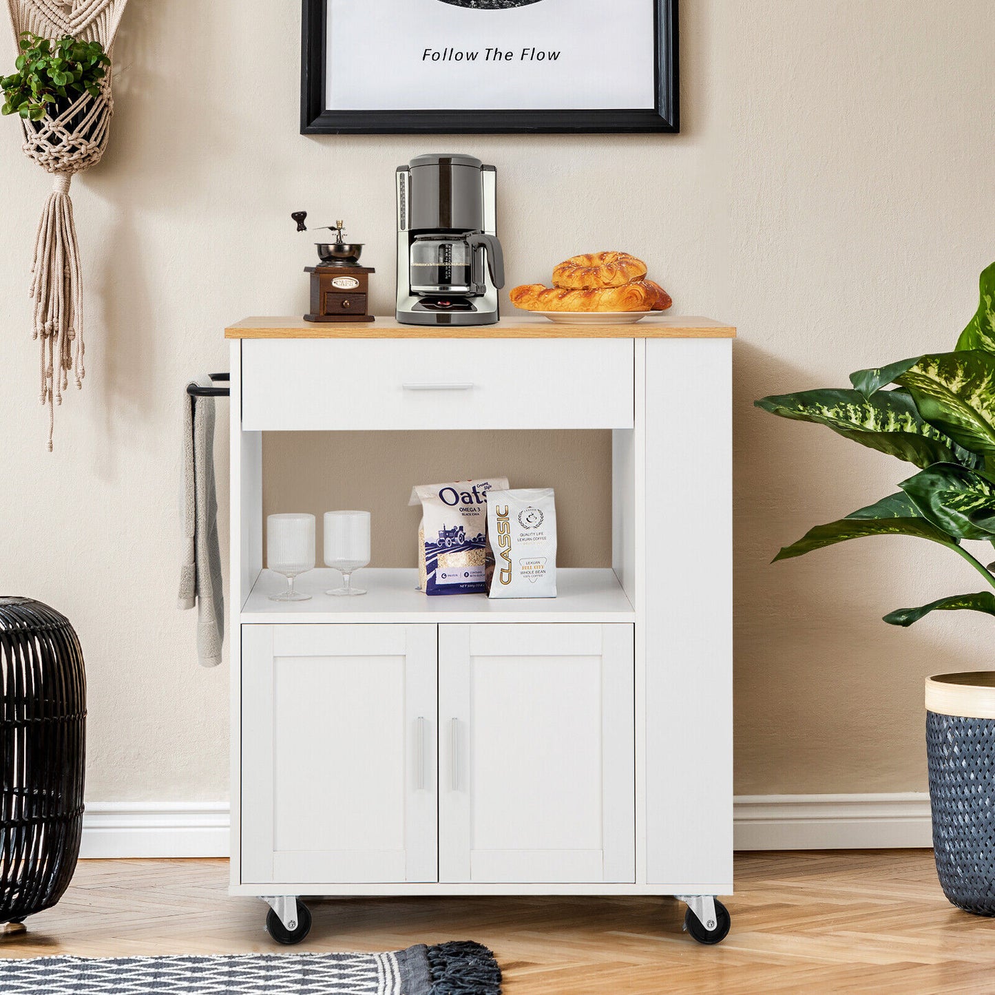 Multi Shelf Kitchen Island Cart with Drawer Storage Cabinet and Spice Racks - White