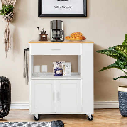 Multi Shelf Kitchen Island Cart with Drawer Storage Cabinet and Spice Racks - White