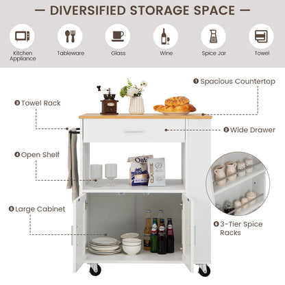 Multi Shelf Kitchen Island Cart with Drawer Storage Cabinet and Spice Racks - White