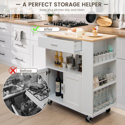 Multi Shelf Kitchen Island Cart with Drawer Storage Cabinet and Spice Racks - White