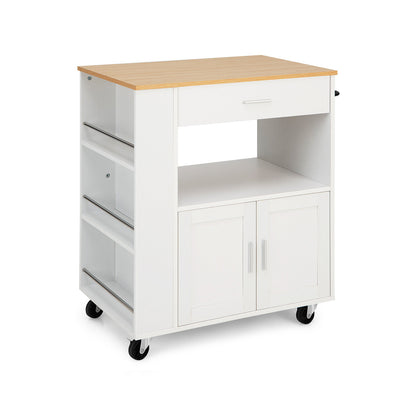 Multi Shelf Kitchen Island Cart with Drawer Storage Cabinet and Spice Racks - White