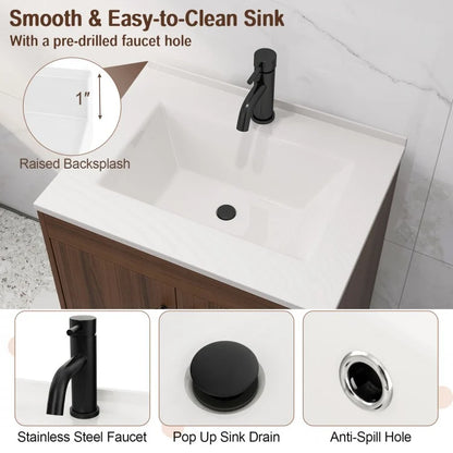25 Inch Walnut Bathroom Vanity with Sink and Storage Cabinet