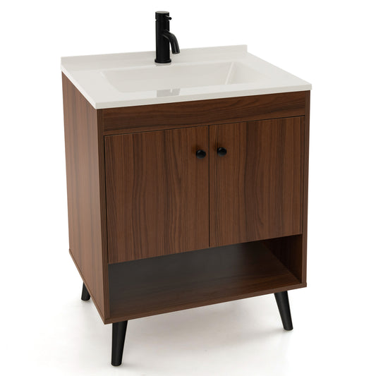 25 Inch Walnut Bathroom Vanity with Sink and Storage Cabinet