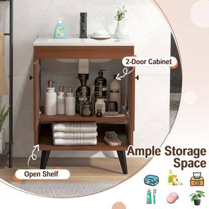 25 Inch Walnut Bathroom Vanity with Sink and Storage Cabinet