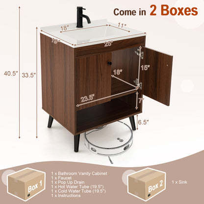 25 Inch Walnut Bathroom Vanity with Sink and Storage Cabinet