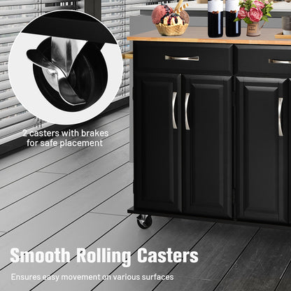Rolling Kitchen Island Cart with 4 Doors Drawers Towel Racks and Storage Cabinet - Black